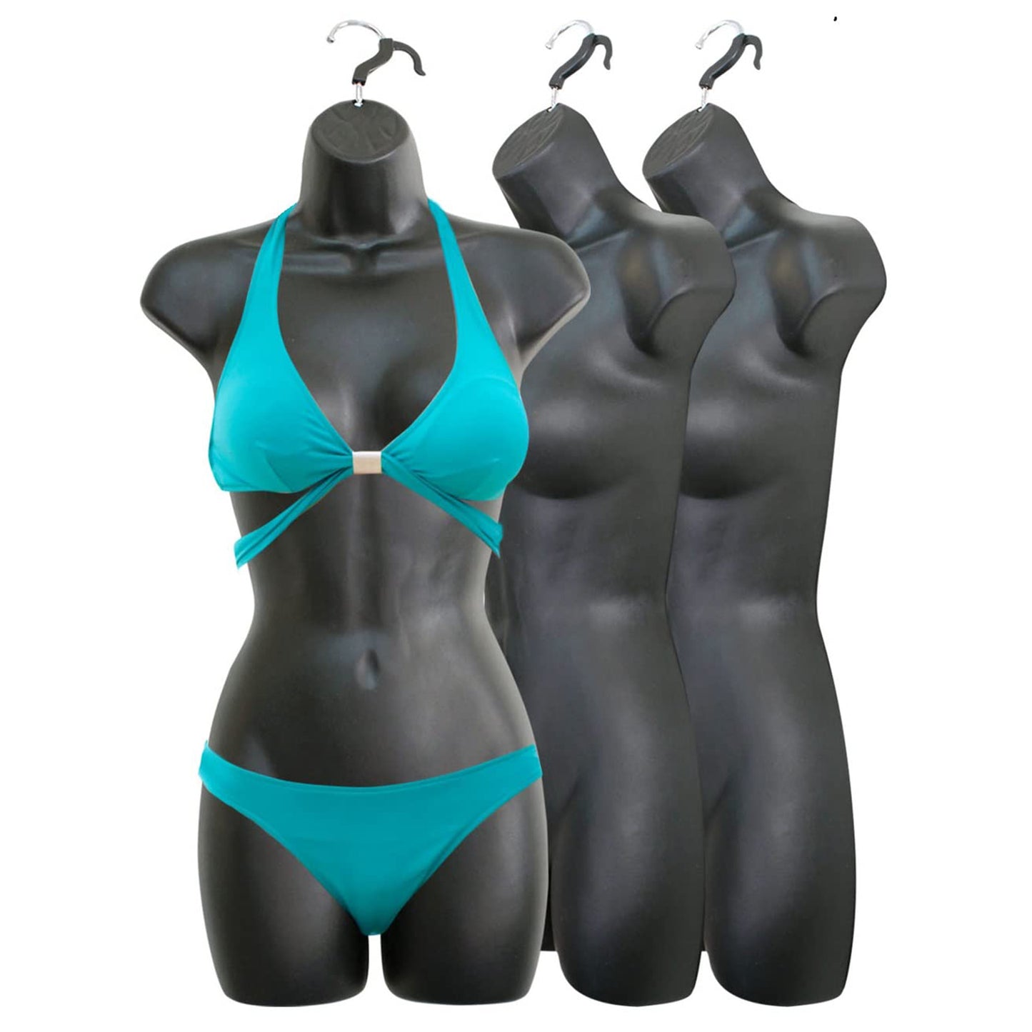 Black Female Mannequin Hip Long Hollow Back Body Torso Dress Form & Hanging Hook, S-M Sizes