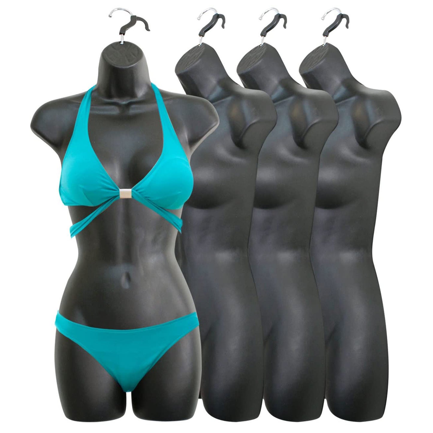 Black Female Mannequin Hip Long Hollow Back Body Torso Dress Form & Hanging Hook, S-M Sizes