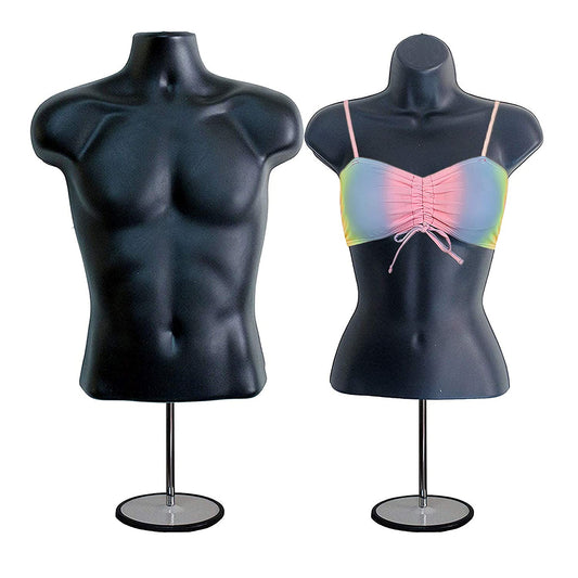 DisplayTown Mannequin Forms Male and Female Torso with Metal Stand and Hook, Waist Long, Black