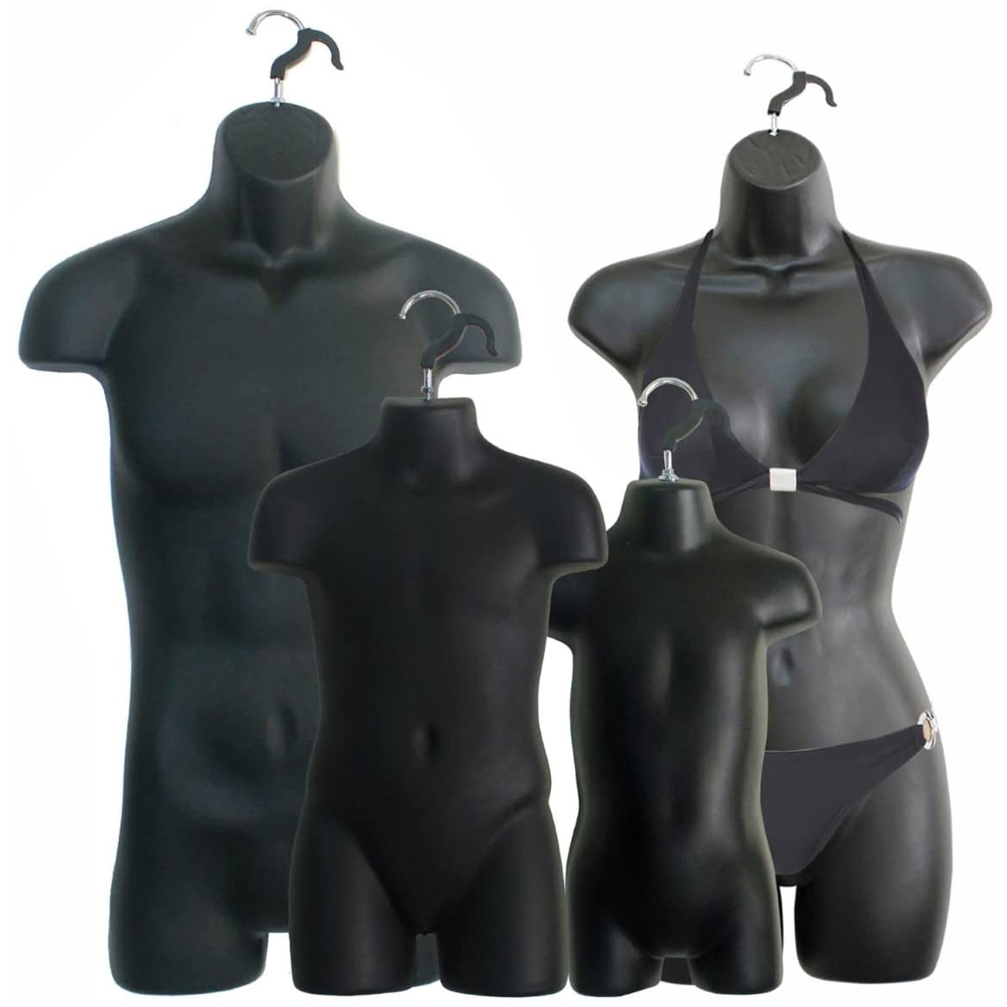 4 Black Mannequin Forms - Male Female Child & Toddler Torso Set & Hanging Hook, S-M Sizes