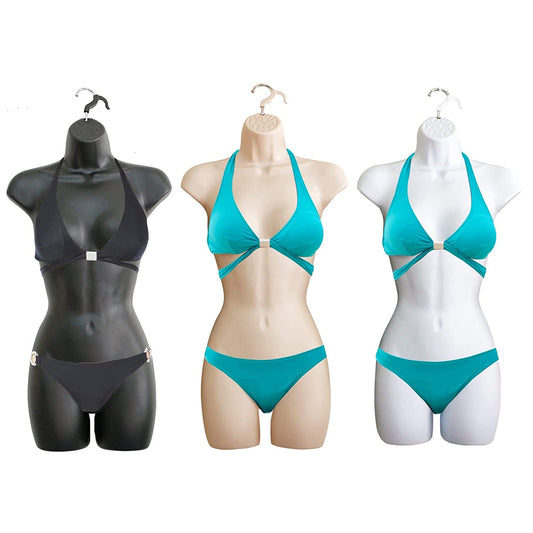 3 Pack – White Black Flesh Female Mannequin Set Hip Long Hollow Back Body Torso Set with Hanging Hooks, S-M Sizes