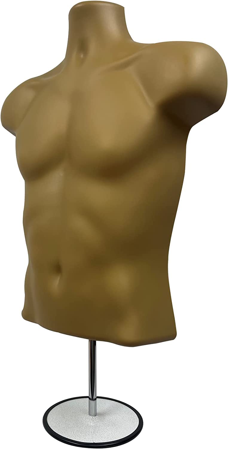 Male Mannequin Torso with Stand Dress Form Tshirt Display Countertop Hollow Back Body S-M Clothing Sizes Bronze