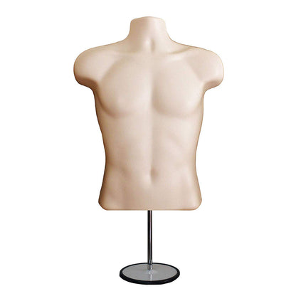 Male Mannequin Torso with Stand Dress Form Tshirt Display Countertop Hollow Back Body S-M Clothing Sizes Flesh