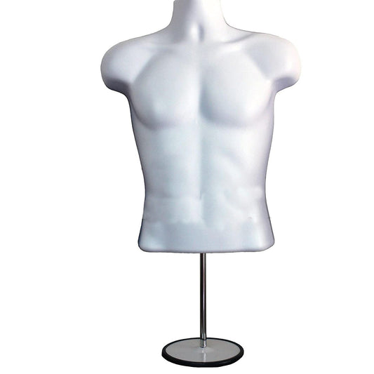 Male Mannequin Torso with Stand Dress Form Tshirt Display Countertop Hollow Back Body with Metal Pole & Hanging Hook S-M Clothing Sizes White