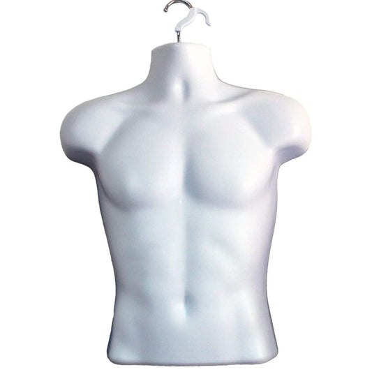 White Male Mannequin Hollow Back Body Torso Dress Form & Hanging Hook, S-M Sizes (1 Pack, White)